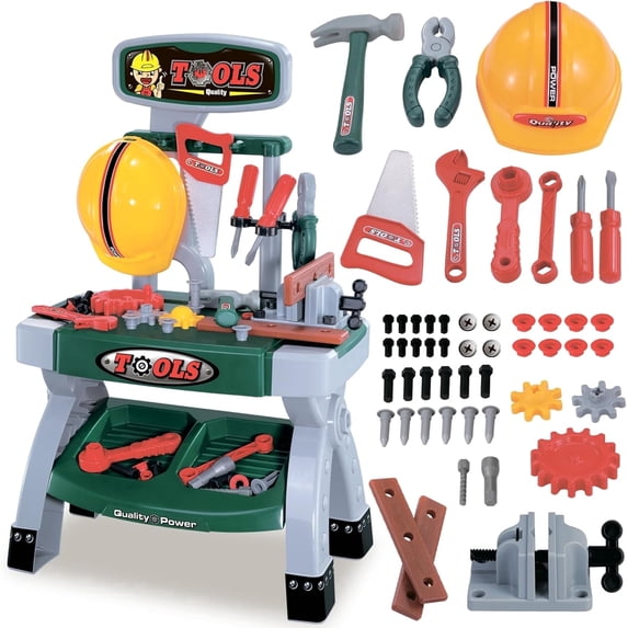 OLEOCA Toddler Tool Bench — Pretend Workbench with Toy Tools, Helmet, Screws & Gears, Creative Construction Playset for Hands-On Role Play, Gift for Kids Ages 3+