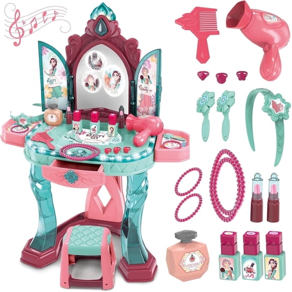 OLEOCA Toddler Vanity Table for Girls Princess Makeup Playset with Light & Sound Mirror, Magic Sensor, Stool & Accessories, Pretend Beauty Toy for Ages 3+