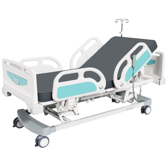 OLERN 5 Function Full Electric Hospital Bed for Home Use, Adjustable Height, 4.7" Waterproof Mattress, 5" Locking Casters, IV Pole, 550lbs Capacity