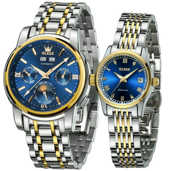 OLEVS Automatic Couple Watches Set Casual Stainless Steel Waterproof His and Hers Wristwatch for Valentines Anniversary Wedding Romantic Chrismas Gifts, Luxury Watches Set of 2