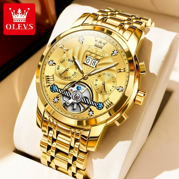 OLEVS Automatic Gold Watches for Men Diamond Skeleton Self-Winding ...