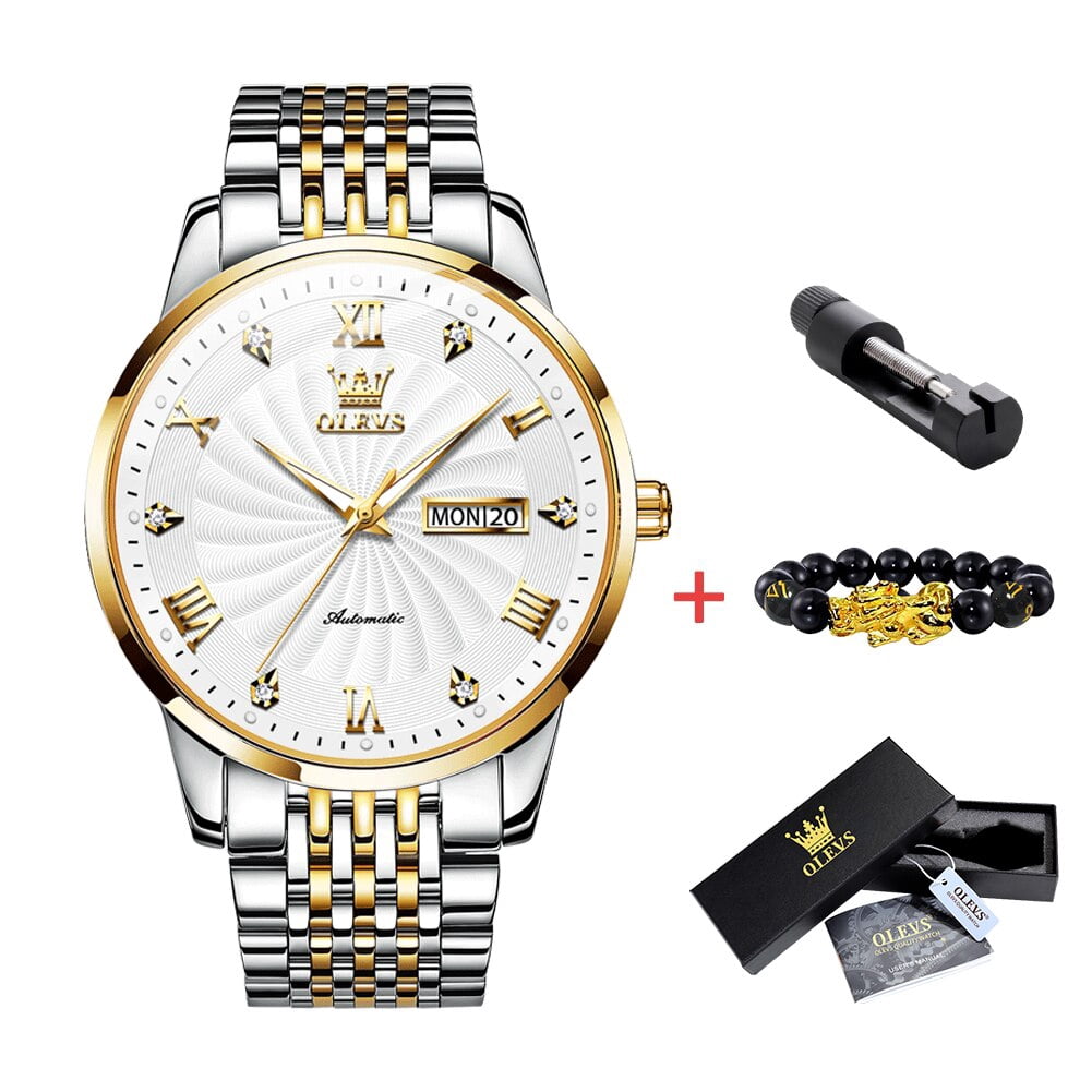 OLEVS Women's Rose Gold Ceramic Automatic Watch - Self-Winding Mechanical Watch With Red/White Dial, Waterproof & No Battery