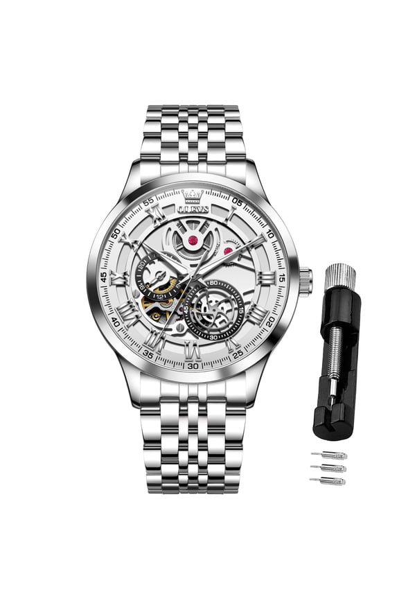 Automatic Skeleton Watches for Men Self Winding Mechanical Luminous Multi Calendar Fashion Dress Roman Numeral Stainless Steel Classic Mens Wrist Watches Reloj Para Hombre