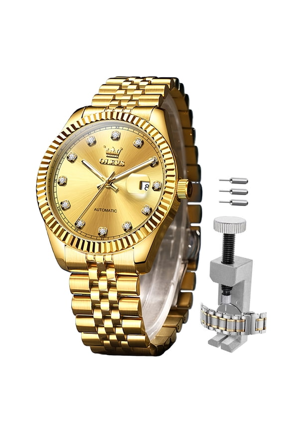 Automatic Watches for Men Fashion Dress Self Winding Mechanical Watches Classic Mens Watches with Date Easy Read Plated Golden Stainless Steel Luminous Men Wrist Watches Reloj para Hombre