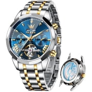 OLEVS Automatic Watches for Men Luxury Dress Waterproof Self Winding Mechanical Chronograph Diamond Stainless Steel Luminous Date Skeleton Tourbillon Mens Watches Gift Reloj Para Hombre Blue Dial