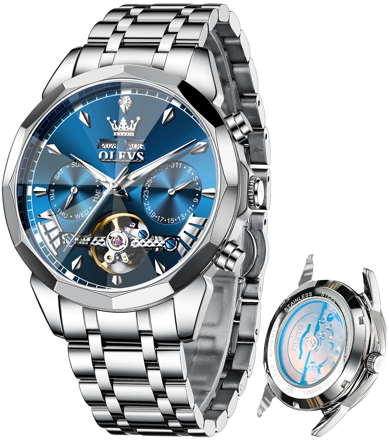 OLEVS Automatic Watches for Men Luxury Dress Waterproof Self Winding Mechanical Chronograph Diamond Stainless Steel Luminous Date Skeleton Tourbillon Mens Watches Gift Reloj Para Hombre Blue Dial