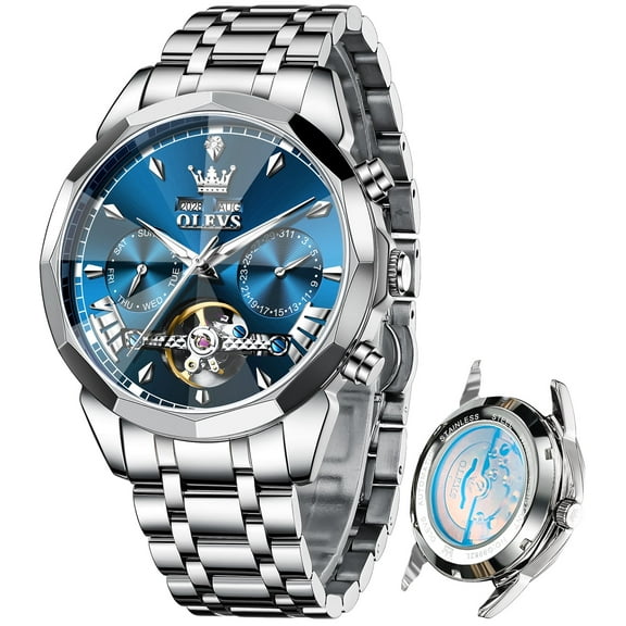 OLEVS Automatic Watches for Men Luxury Dress Waterproof Self Winding Mechanical Chronograph Diamond Stainless Steel Luminous Date Skeleton Tourbillon Mens Watches Gift Reloj Para Hombre Blue Dial