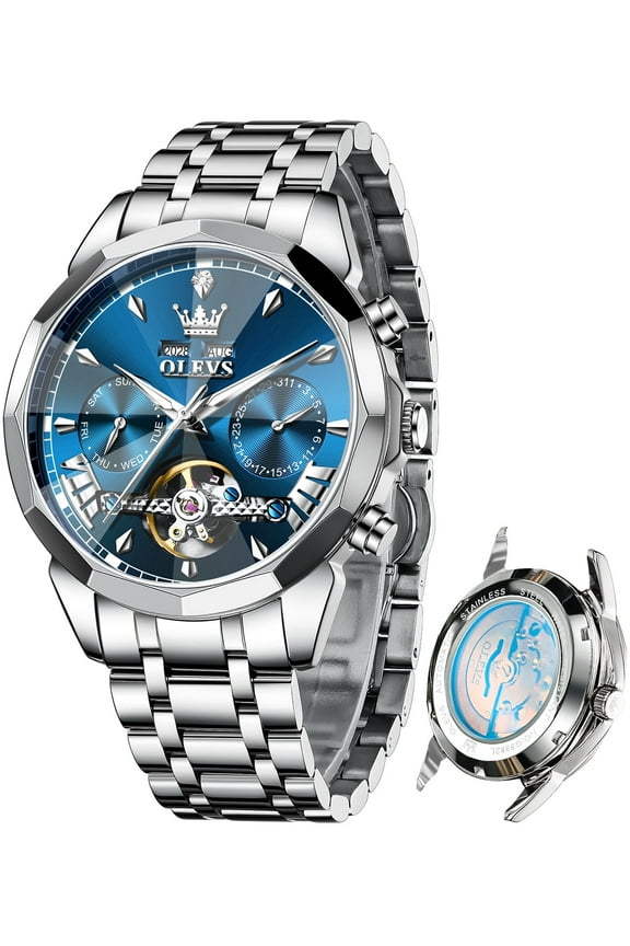 Automatic Watches for Men Luxury Dress Waterproof Self Winding Mechanical Chronograph Diamond Stainless Steel Luminous Date Skeleton Tourbillon Mens Watches Gift Reloj Para Hombre Blue Dial