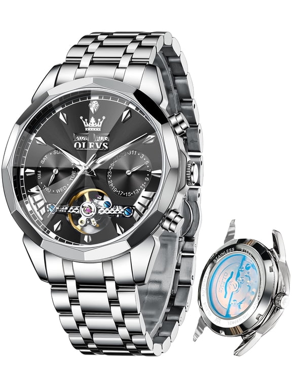 Automatic Watches for Men Luxury Dress Waterproof Self Winding Mechanical Chronograph Diamond Stainless Steel Luminous Date Skeleton Tourbillon Mens Watches Gift Reloj Para Hombre Black Dial
