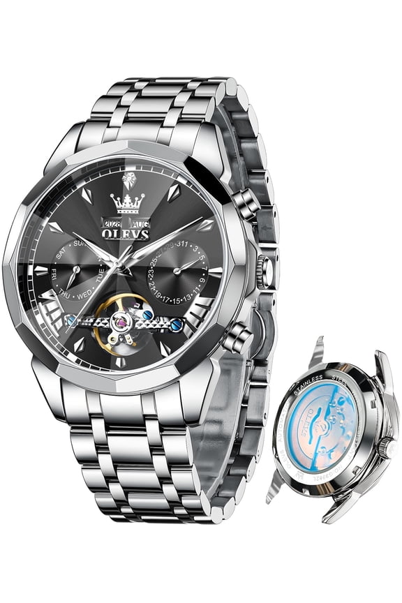 Automatic Watches for Men Luxury Dress Waterproof Self Winding Mechanical Chronograph Diamond Stainless Steel Luminous Date Skeleton Tourbillon Mens Watches Gift Reloj Para Hombre Black Dial