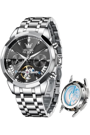 Automatic Watches for Men Luxury Dress Waterproof Self Winding Mechanical Chronograph Diamond Stainless Steel Luminous Date Skeleton Tourbillon Mens Watches Gift Reloj Para Hombre Black Dial