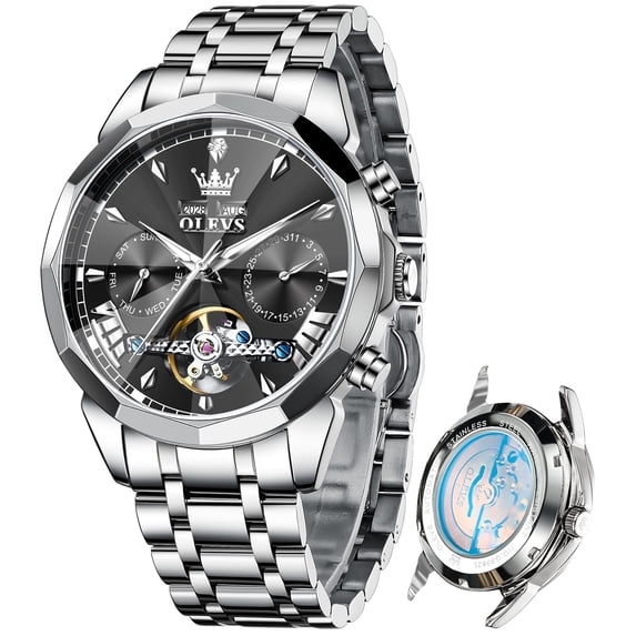 OLEVS Automatic Watches for Men Luxury Dress Waterproof Self Winding Mechanical Chronograph Diamond Stainless Steel Luminous Date Skeleton Tourbillon Mens Watches Gift Reloj Para Hombre Black Dial
