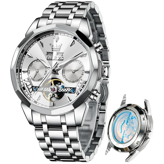 OLEVS Automatic Watches for Men Luxury Dress Waterproof Self Winding Mechanical Chronograph Diamond Stainless Steel Luminous Date Skeleton Tourbillon Mens Watches Gift Reloj Para Hombre