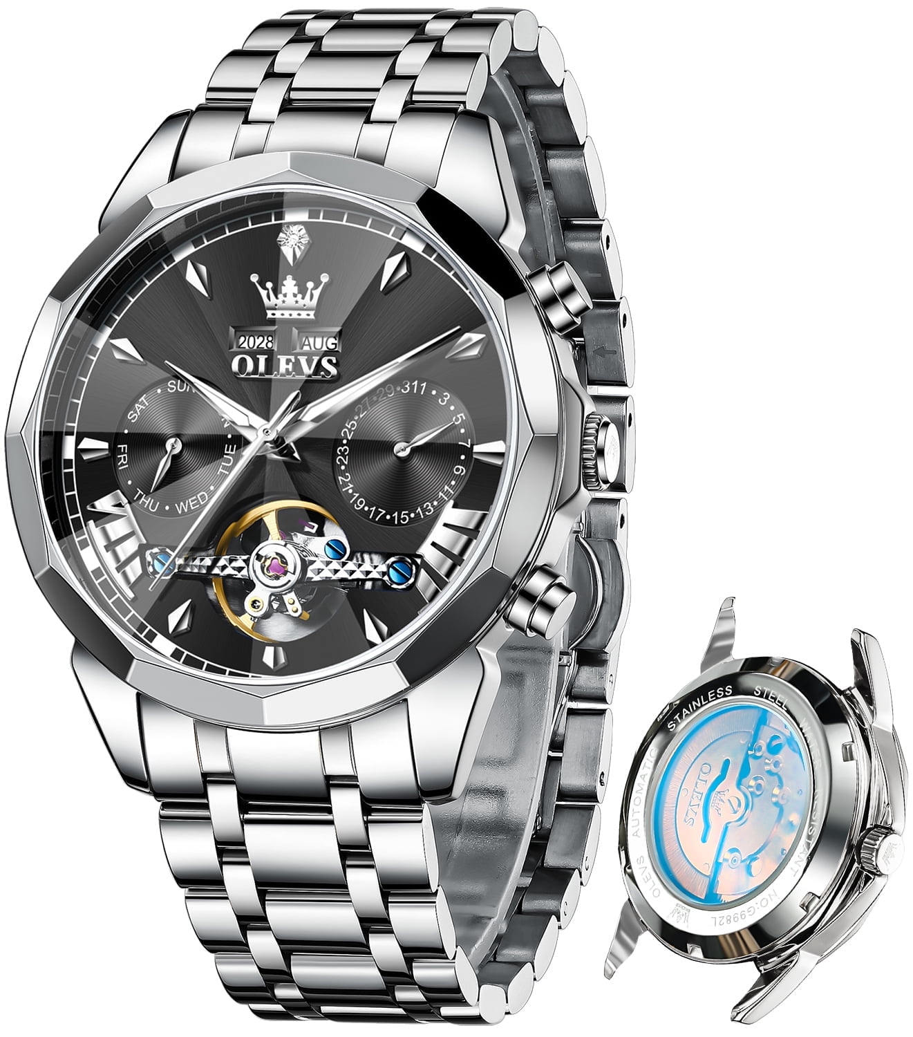 OLEVS Automatic Watches for Men Luxury Dress Waterproof Self Winding Mechanical Chronograph Diamond Stainless Steel Luminous Date Skeleton Tourbillon Mens Watches Gift Reloj Para Hombre Black Dial