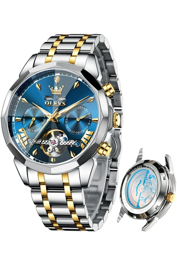 Automatic Watches for Men Luxury Dress Waterproof Self Winding Mechanical Chronograph Diamond Stainless Steel Luminous Date Skeleton Tourbillon Mens Watches Gift Reloj Para Hombre Blue Dial