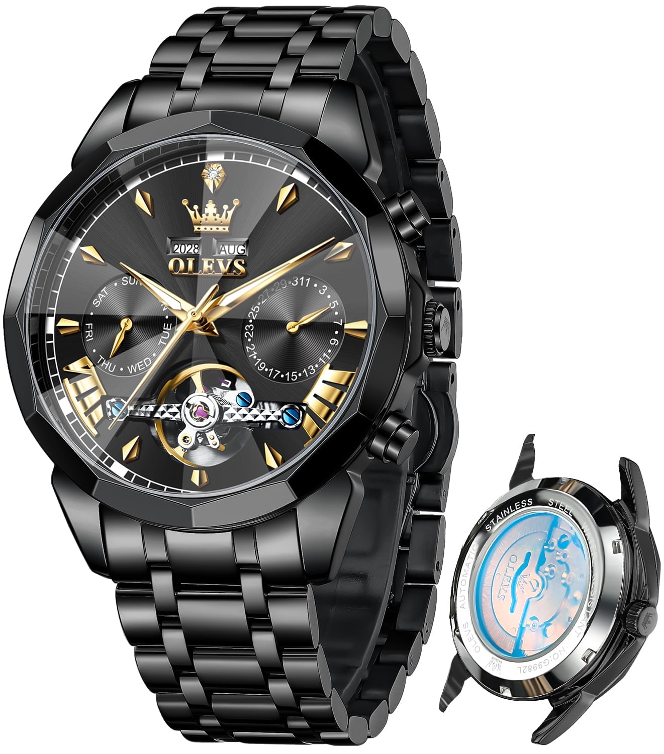 OLEVS Automatic Watches for Men Luxury Dress Waterproof Self Winding Mechanical Chronograph Diamond Stainless Steel Luminous Date Skeleton Tourbillon Mens Watches Gift Reloj Para Hombre Black Dial