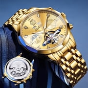 OLEVS Automatic Watches for Men Luxury Dress Waterproof Self Winding Mechanical Moon Phase Chronograph Stainless Steel Luminous Diamond Date Skeleton Tourbillon Wristwatch for Men Reloj Para Hombre