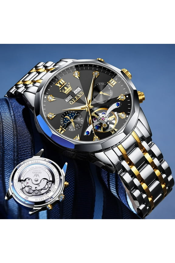 Automatic Watches for Men Luxury Dress Waterproof Self Winding Mechanical Moon Phase Chronograph Stainless Steel Luminous Diamond Date Skeleton Tourbillon Wristwatch for Men Reloj Para Hombre