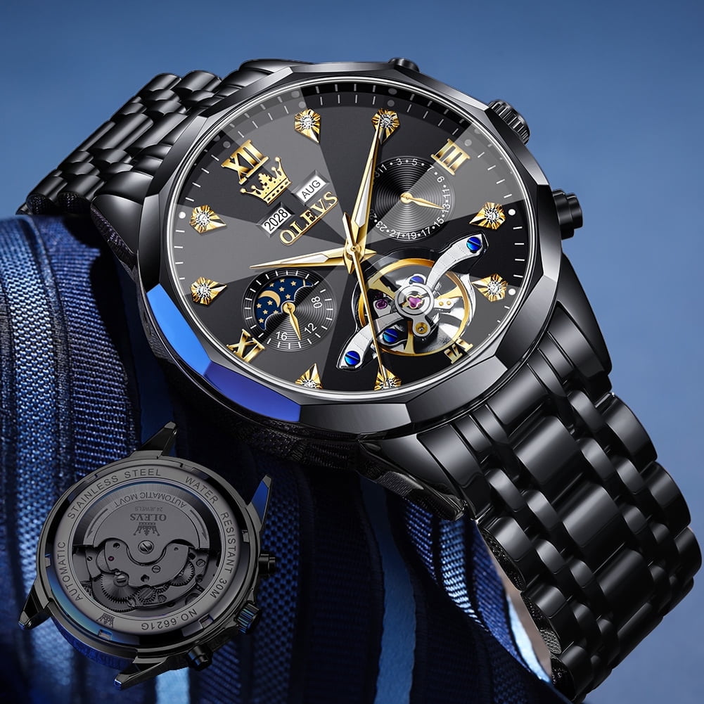OLEVS Automatic Watches for Men Luxury Dress Waterproof Self Winding Mechanical Moon Phase Chronograph Stainless Steel Luminous Diamond Date Skeleton Tourbillon Wristwatch for Men Reloj Para Hombre