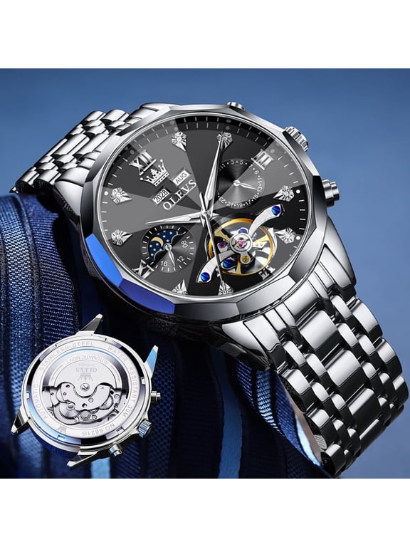 Automatic Watches for Men Luxury Dress Waterproof Self Winding Mechanical Moon Phase Chronograph Stainless Steel Luminous Diamond Date Skeleton Tourbillon Wristwatch for Men Reloj Para Hombre
