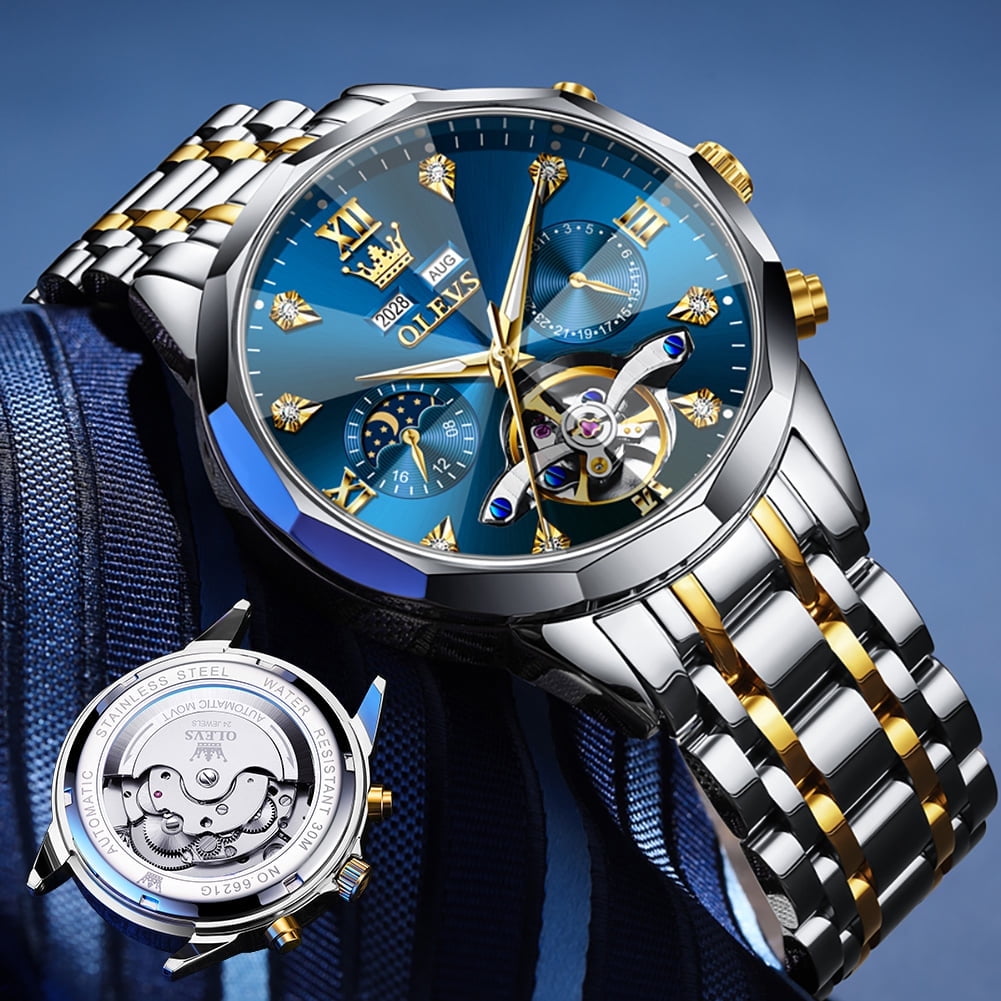 OLEVS Automatic Watches for Men Luxury Dress Waterproof Self Winding Mechanical Moon Phase Chronograph Stainless Steel Luminous Diamond Date Skeleton Tourbillon Wristwatch for Men Reloj Para Hombre