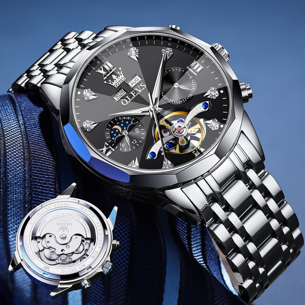 OLEVS Automatic Watches for Men Luxury Dress Waterproof Self Winding Mechanical Moon Phase Chronograph Stainless Steel Luminous Diamond Date Skeleton Tourbillon Wristwatch for Men Reloj Para Hombre
