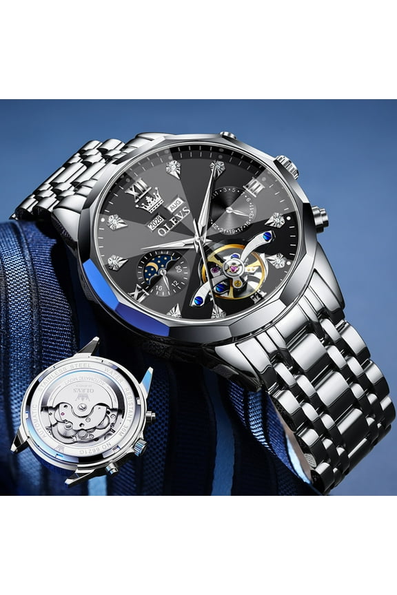 Automatic Watches for Men Luxury Dress Waterproof Self Winding Mechanical Moon Phase Chronograph Stainless Steel Luminous Diamond Date Skeleton Tourbillon Wristwatch for Men Reloj Para Hombre