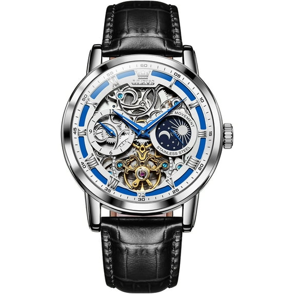 OLEVS Automatic Watches for Men Mechanical Self Winding Skeleton Moon Phase Dress Luxury Brown Black Leather Roma Rumerals Waterproof Luminous Mens Wrist Watches Reloj Para Hombre Red/Blue/White