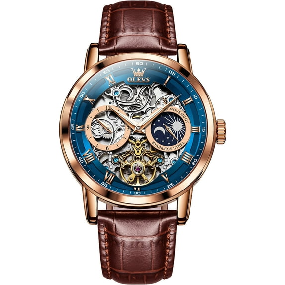 OLEVS Automatic Watches for Men Mechanical Self Winding Skeleton Moon Phase Dress Luxury Brown Black Leather Roma Rumerals Waterproof Luminous Mens Wrist Watches Reloj Para Hombre Red/Blue/White