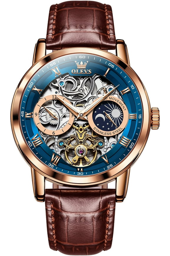 Automatic Watches for Men Mechanical Self Winding Skeleton Moon Phase Dress Luxury Brown Black Leather Roma Rumerals Waterproof Luminous Mens Wrist Watches Reloj Para Hombre Red/Blue/White