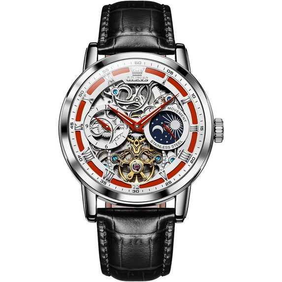 OLEVS Automatic Watches for Men Mechanical Self Winding Skeleton Moon Phase Dress Luxury Brown Black Leather Roma Rumerals Waterproof Luminous Mens Wrist Watches Reloj Para Hombre Red/Blue/White