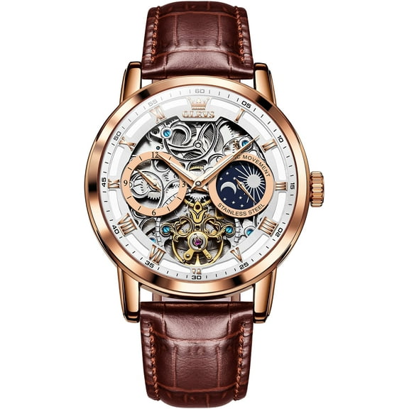 OLEVS Automatic Watches for Men Mechanical Self Winding Skeleton Moon Phase Dress Luxury Brown Black Leather Roma Rumerals Waterproof Luminous Mens Wrist Watches Reloj Para Hombre Red/Blue/White