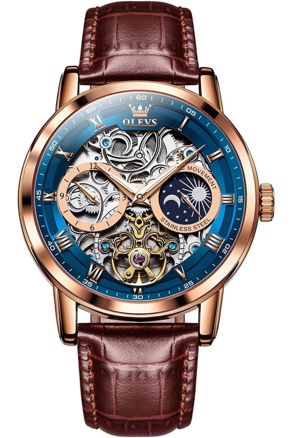 Automatic Watches for Men Mechanical Self Winding Skeleton Moon Phase Dress Luxury Brown Black Leather Roma Rumerals Waterproof Luminous Mens Wrist Watches Reloj Para Hombre Red/Blue/White
