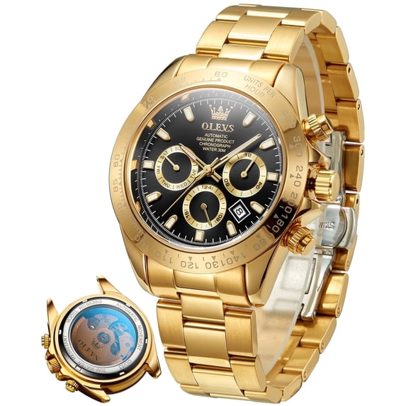 OLEVS Automatic Watches for Men Self Winding Chronograph Mechanical Luxury Dress Stainless Steel Calendar Date Waterproof Luminous Mens Wrist Watches Gift Reloj Para Hombre Plated Golden/Black Dial