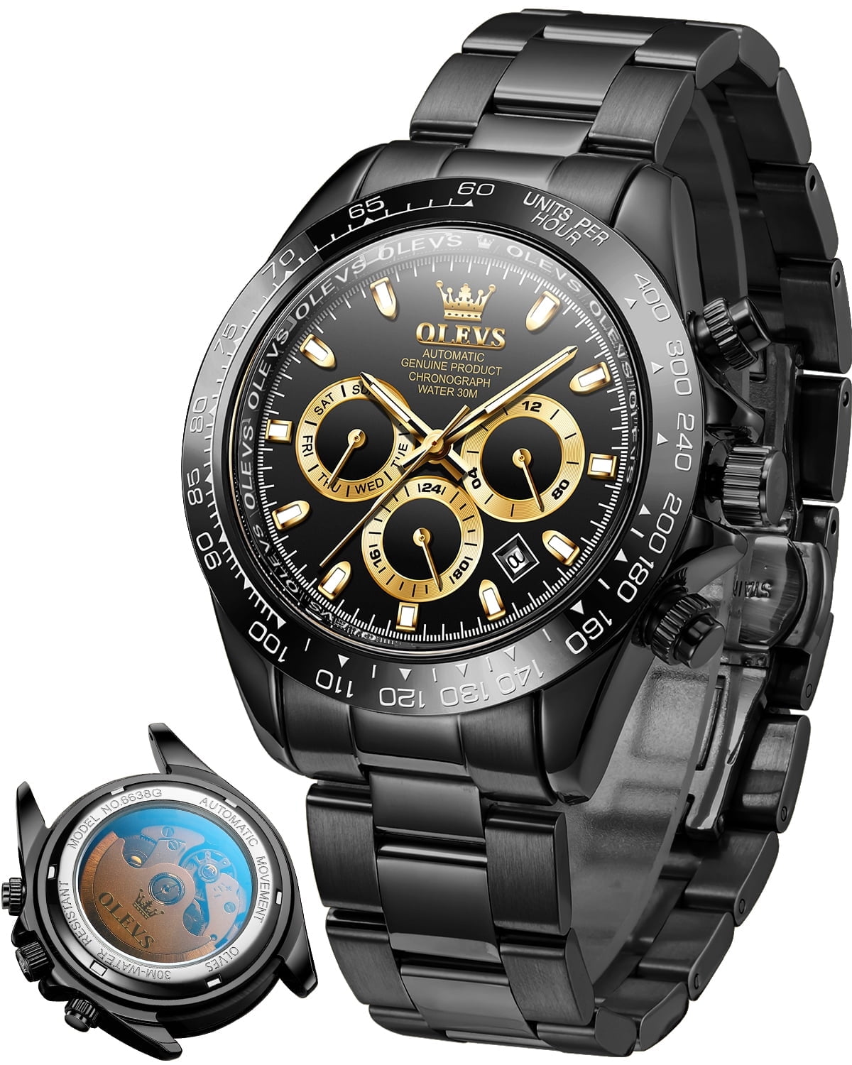 OLEVS Automatic Watches for Men Self Winding Chronograph Mechanical Luxury Dress Stainless Steel Calendar Date Waterproof Luminous Mens Wrist Watches Gift Reloj Para Hombre Gold/Black/Blue/Green Dial