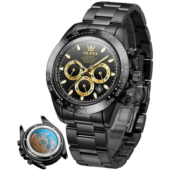 OLEVS Automatic Watches for Men Self Winding Chronograph Mechanical Luxury Dress Stainless Steel Calendar Date Waterproof Luminous Mens Wrist Watches Gift Reloj Para Hombre Gold/Black/Blue/Green Dial