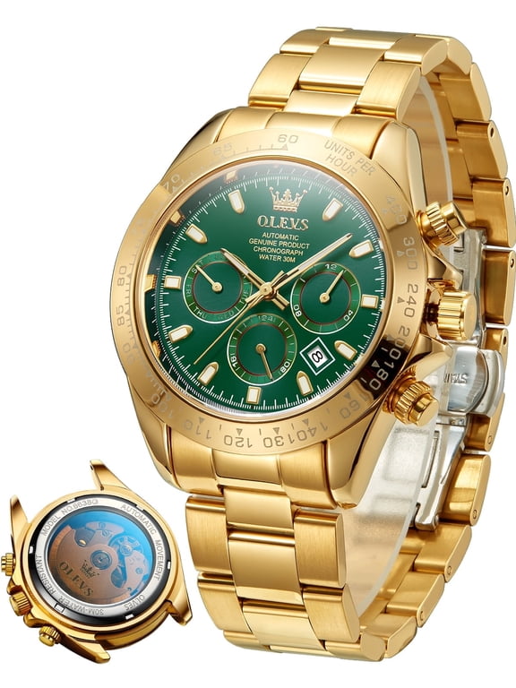Automatic Watches for Men Self Winding Chronograph Mechanical Luxury Dress Stainless Steel Calendar Date Waterproof Luminous Mens Wrist Watches Gift Reloj Para Hombre Black/Blue/Green Dial