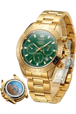Automatic Watches for Men Self Winding Chronograph Mechanical Luxury Dress Stainless Steel Calendar Date Waterproof Luminous Mens Wrist Watches Gift Reloj Para Hombre Gold/Black/Blue/Green Dial