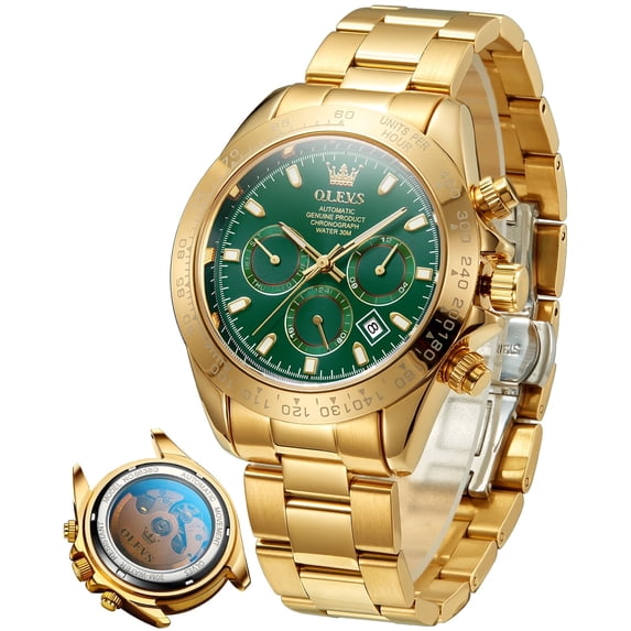 OLEVS Automatic Watches for Men Self Winding Chronograph Mechanical Luxury Dress Stainless Steel Calendar Date Waterproof Luminous Mens Wrist Watches Gift Reloj Para Hombre Black/Blue/Green Dial