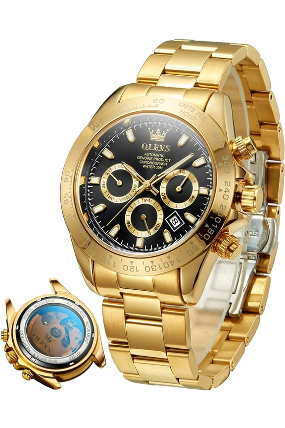 Automatic Watches for Men Self Winding Chronograph Mechanical Luxury Dress Stainless Steel Calendar Date Waterproof Luminous Mens Wrist Watches Gift Reloj Para Hombre Gold/Black/Blue/Green Dial