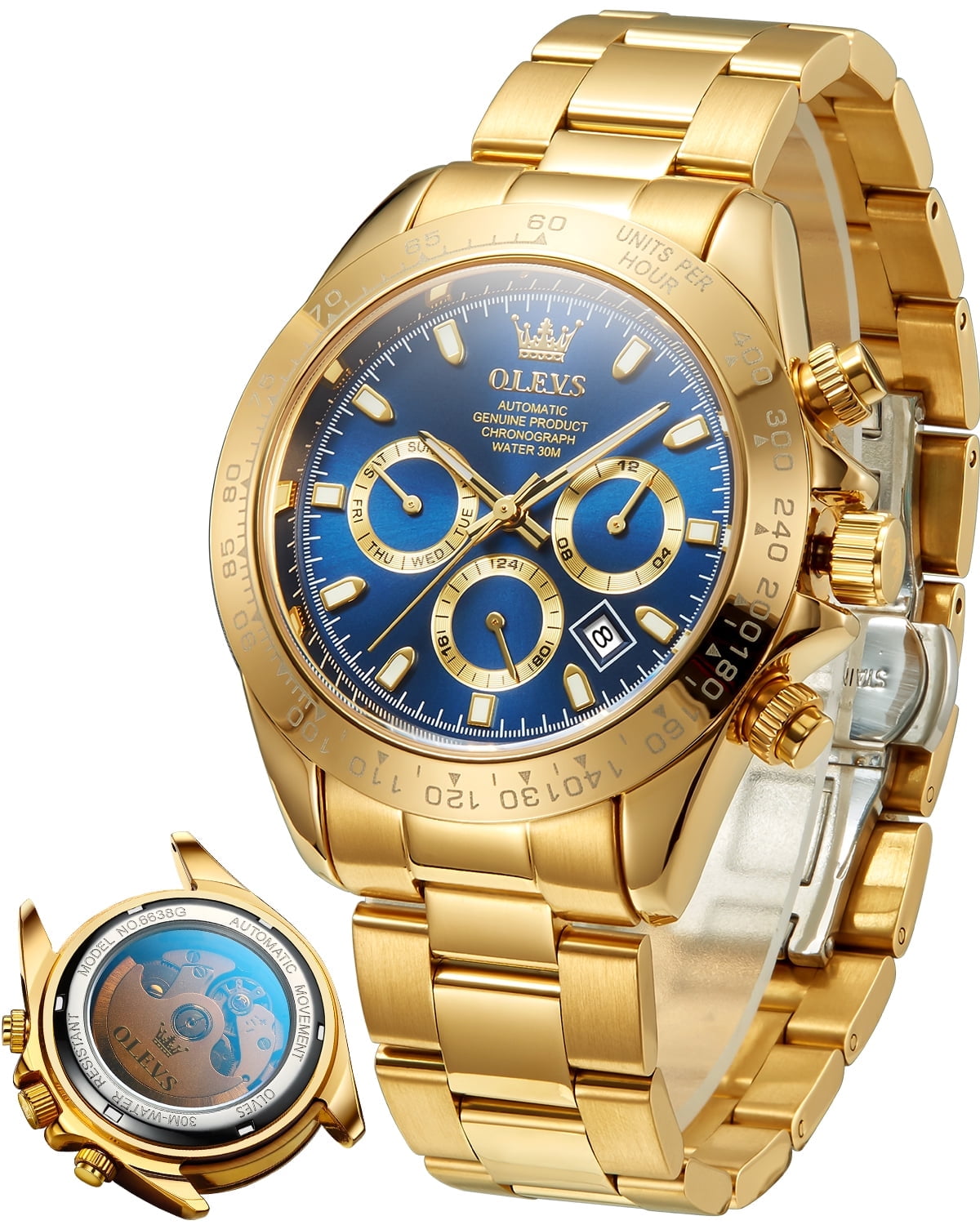 OLEVS Automatic Watches for Men Self Winding Chronograph Mechanical Luxury Dress Stainless Steel Calendar Date Waterproof Luminous Mens Wrist Watches Gift Reloj Para Hombre Gold/Black/Blue/Green Dial