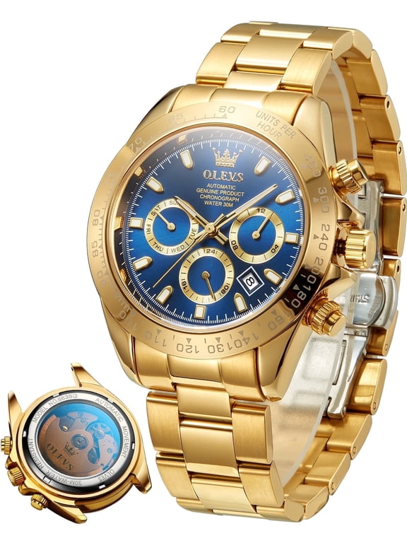 Automatic Watches for Men Self Winding Chronograph Mechanical Luxury Dress Stainless Steel Calendar Date Waterproof Luminous Mens Wrist Watches Gift Reloj Para Hombre Black/Blue/Green Dial