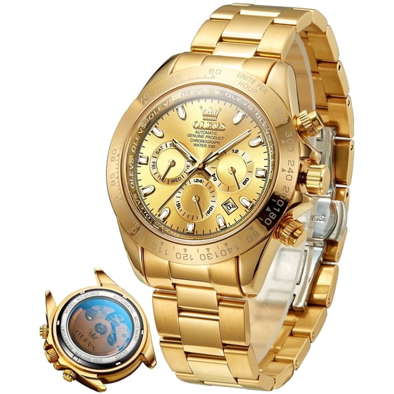 OLEVS Automatic Watches for Men Self Winding Chronograph Mechanical Luxury Dress Stainless Steel Calendar Date Waterproof Luminous Mens Wrist Watches Gift Reloj Para Hombre Plated Golden/Black Dial