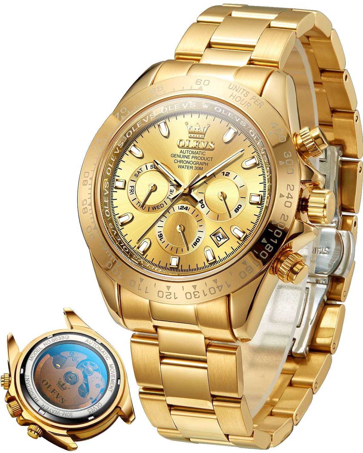 OLEVS Automatic Watches for Men Self Winding Chronograph Mechanical Luxury Dress Stainless Steel Calendar Date Waterproof Luminous Mens Wrist Watches Gift Reloj Para Hombre Gold/Black/Blue/Green Dial