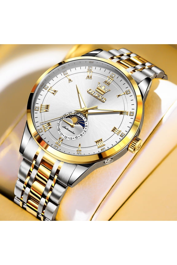 Automatic Watches for Men Self Winding Mechanical Business Dress Moon Phase Luminous Stainless Steel Luxury Mens Watches with Two Tone Men Wrist Watches Reloj para Hombre