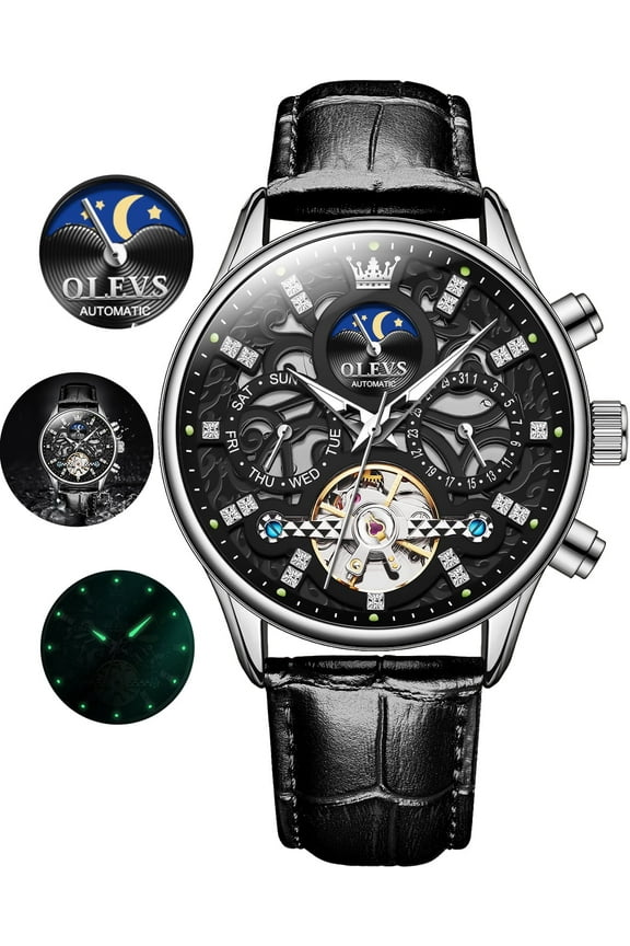 Automatic Watches for Men Self Winding Mechanical Chronograph Skeleton Flywheel Luxury Dress Black Brown Leather Diamond Moon Phase Waterproof Luminous Mens Wrist Watches Reloj Para Hombre