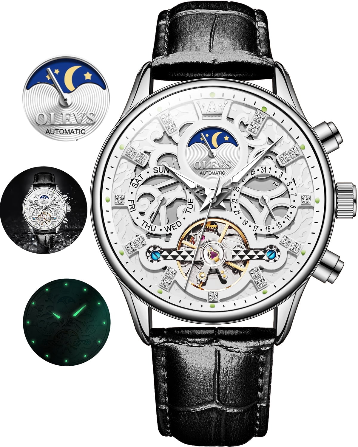 OLEVS Automatic Watches for Men Self Winding Mechanical Chronograph Skeleton Flywheel Luxury Dress Black Brown Leather Diamond Moon Phase Waterproof Luminous Mens Wrist Watches Reloj Para Hombre