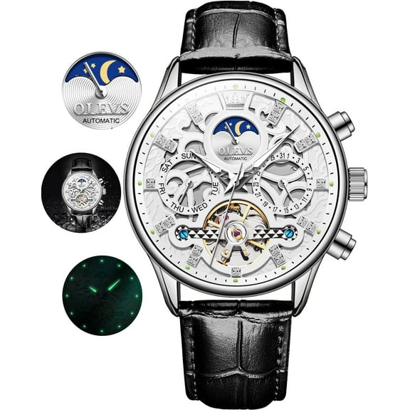OLEVS Automatic Watches for Men Self Winding Mechanical Chronograph Skeleton Flywheel Luxury Dress Black Brown Leather Diamond Moon Phase Waterproof Luminous Mens Wrist Watches Reloj Para Hombre