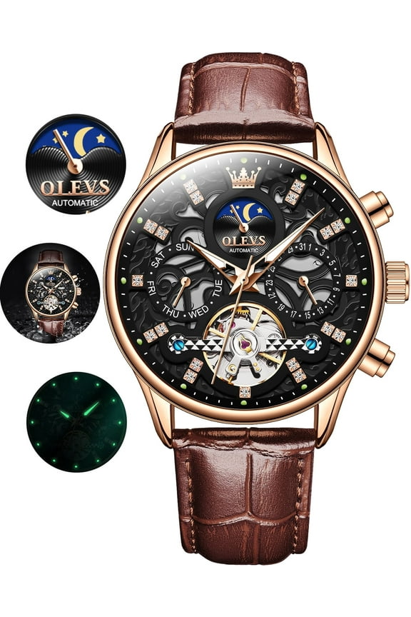 Automatic Watches for Men Self Winding Mechanical Chronograph Skeleton Flywheel Luxury Dress Black Brown Leather Diamond Moon Phase Waterproof Luminous Mens Wrist Watches Reloj Para Hombre