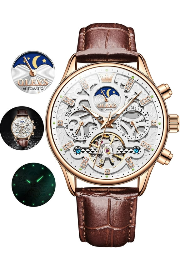 Automatic Watches for Men Self Winding Mechanical Chronograph Skeleton Flywheel Luxury Dress Black Brown Leather Diamond Moon Phase Waterproof Luminous Mens Wrist Watches Reloj Para Hombre